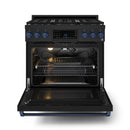 Black gas range with oven door open, showing interior rack and lighting