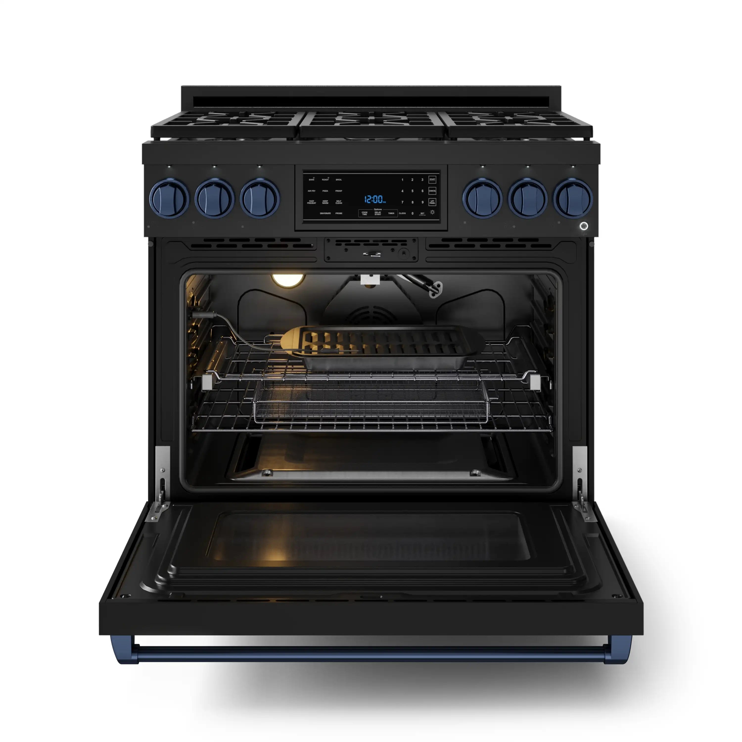 Black gas range with oven door open, showing interior rack and lighting