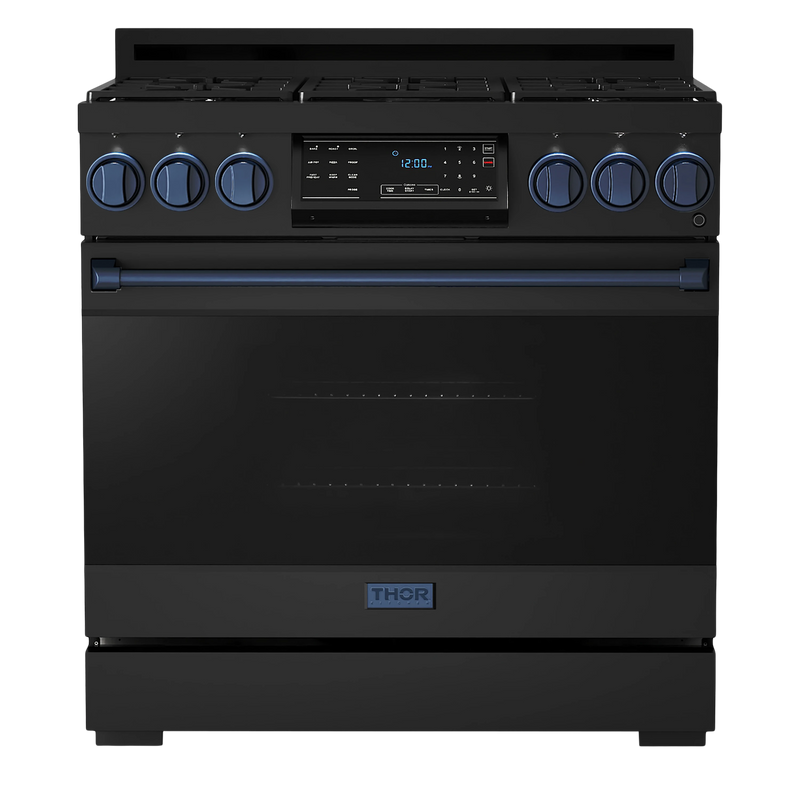 Thor Kitchen Gordon Ramsay Series 36-Inch Professional Gas Range with Tilt Panel Touch Control in Black with Navy Blue Trim (RSG36B-BLU)