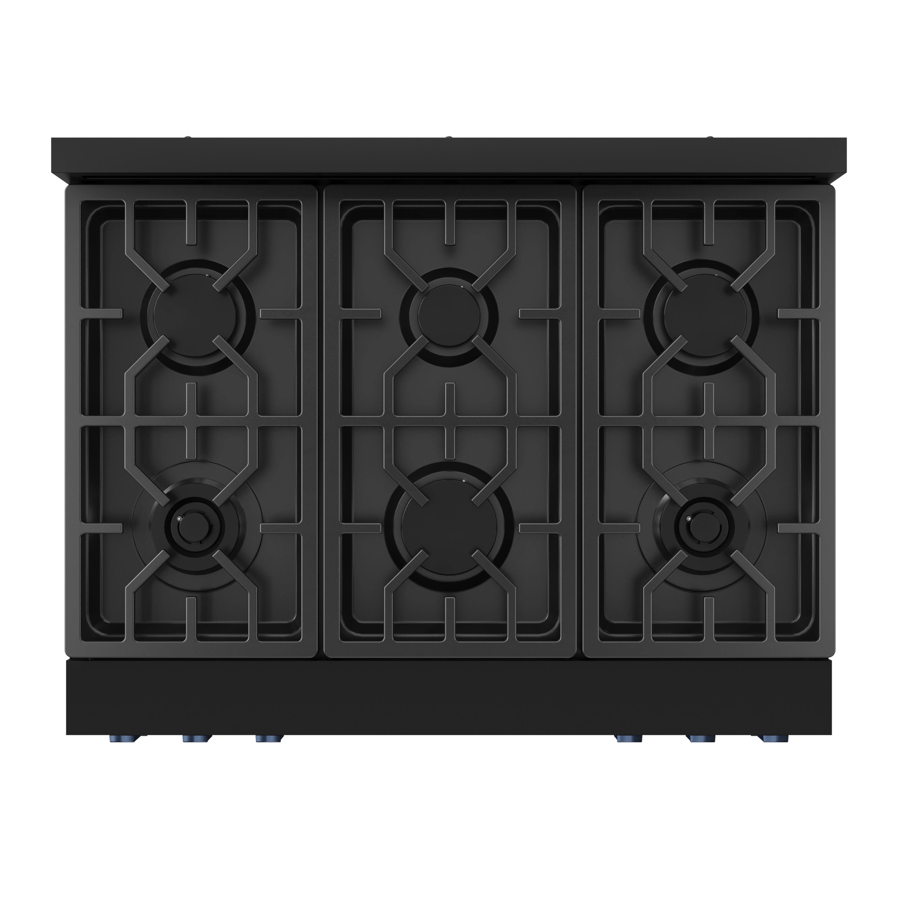 Black gas range cooktop with three burner grates and circular burner layout