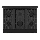 Black gas range cooktop with three burner grates and circular burner layout