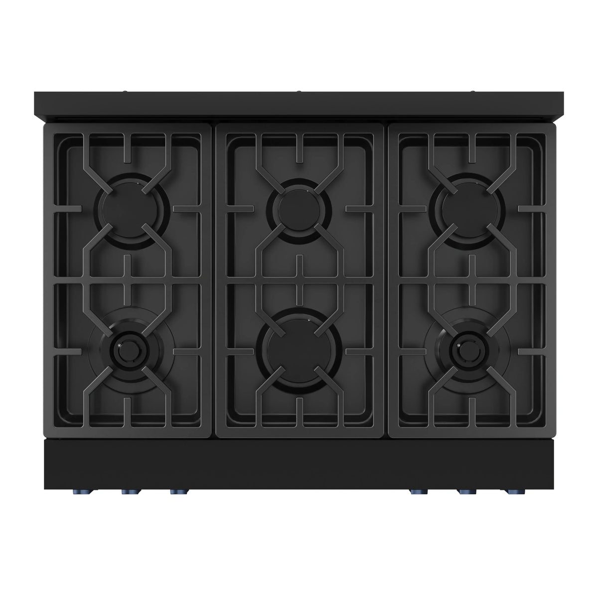 Black cooktop with six gas burner grates