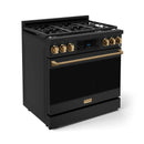 3/4 view of a black 36-inch gas range with bronze trim, brass knobs, and open burners