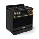 Gordon Ramsay by Thor Kitchen 3-Piece Appliance Package - 36-Inch Propane Gas Range, Tilt Panel, 36-Inch Refrigerator, and Dishwasher in Black with Bronze Trim