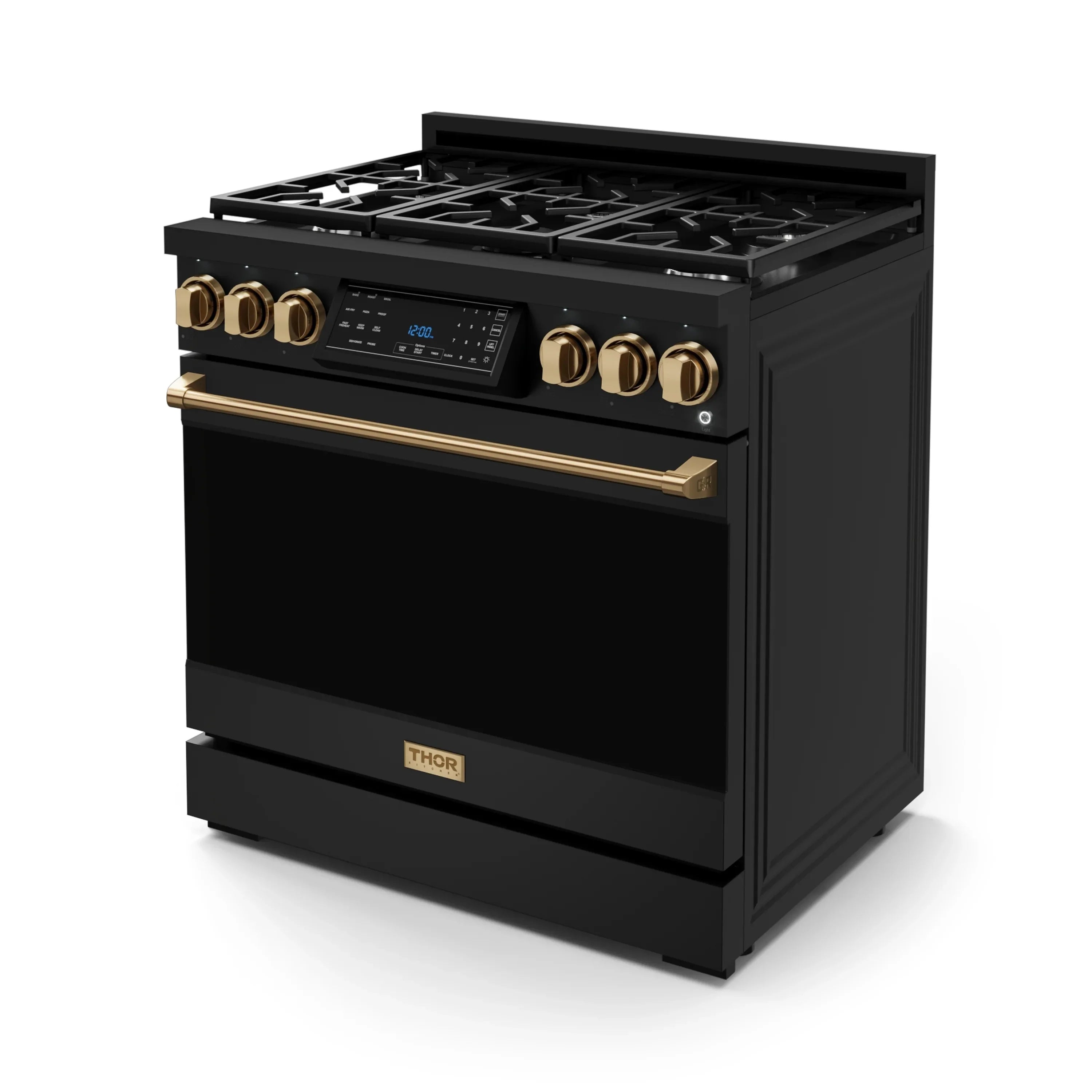 Black 36-inch gas range with bronze control knobs, handle, and front panel