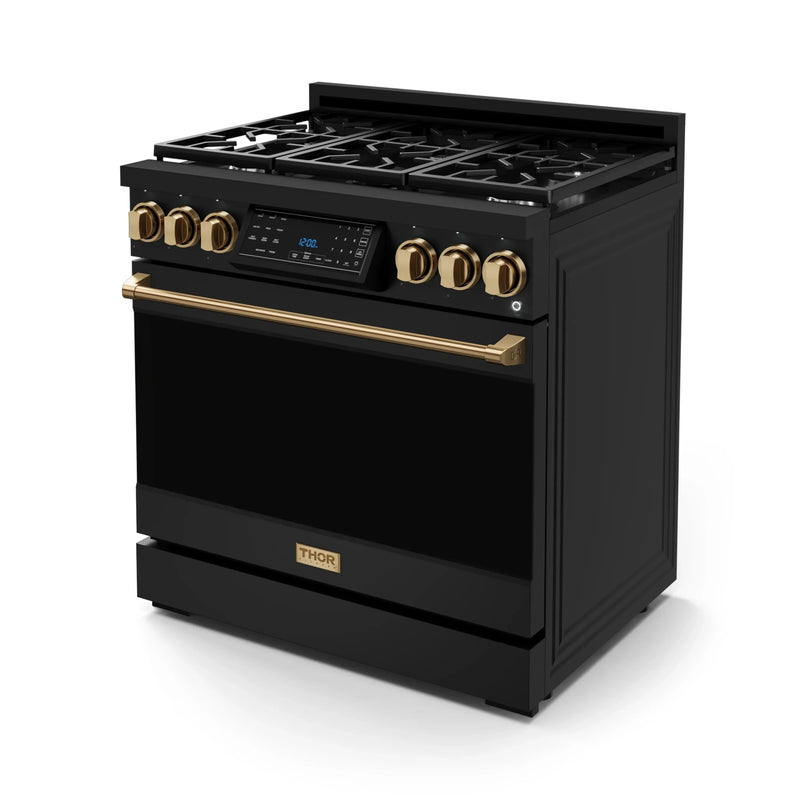 Thor Kitchen Gordon Ramsay 3-Piece Appliance Package - 36-Inch Gas Range with Tilt Panel, 36-Inch Refrigerator, and Dishwasher in Black with Bronze Trim