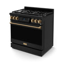 Black gas range with bronze trim, tilt touch panel and brass-finish control knobs
