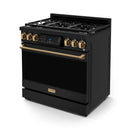 Gordon Ramsay by Thor Kitchen 3-Piece Appliance Package - 36-Inch Propane Gas Range, Tilt Panel, 36-Inch Refrigerator, and Dishwasher in Black with Bronze Trim