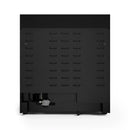 Bottom view of a black range oven door panel with self-clean interior cover