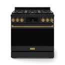 Gordon Ramsay by Thor Kitchen 3-Piece Appliance Package - 36-Inch Propane Gas Range, Tilt Panel, 36-Inch Refrigerator, and Dishwasher in Black with Bronze Trim