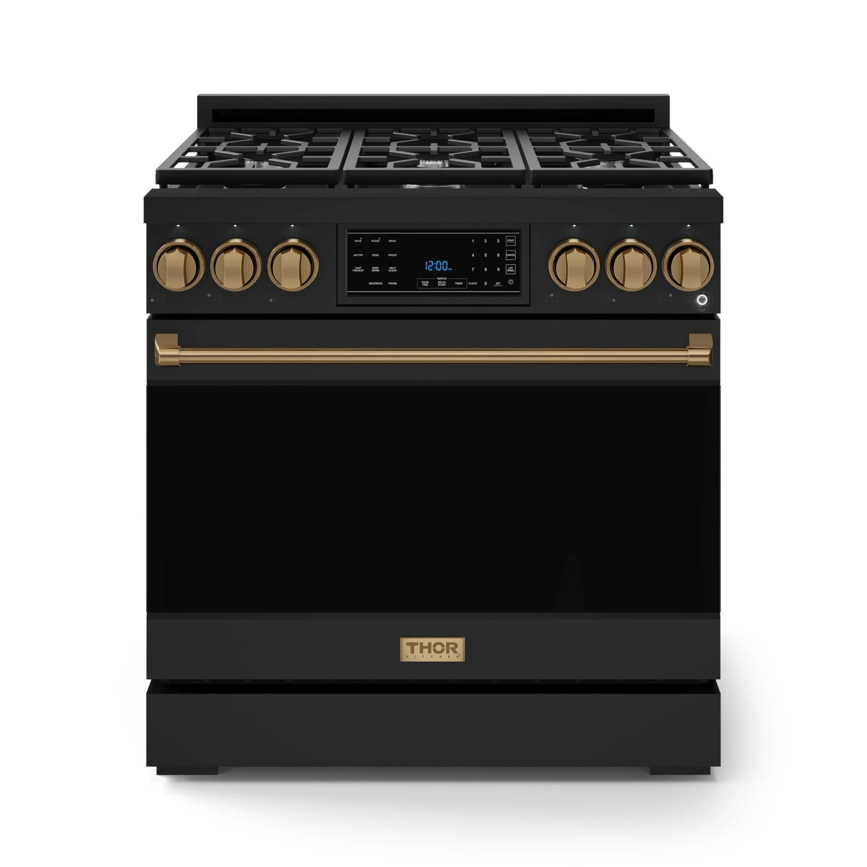 Black gas range with bronze control knobs and gold trim on front panel