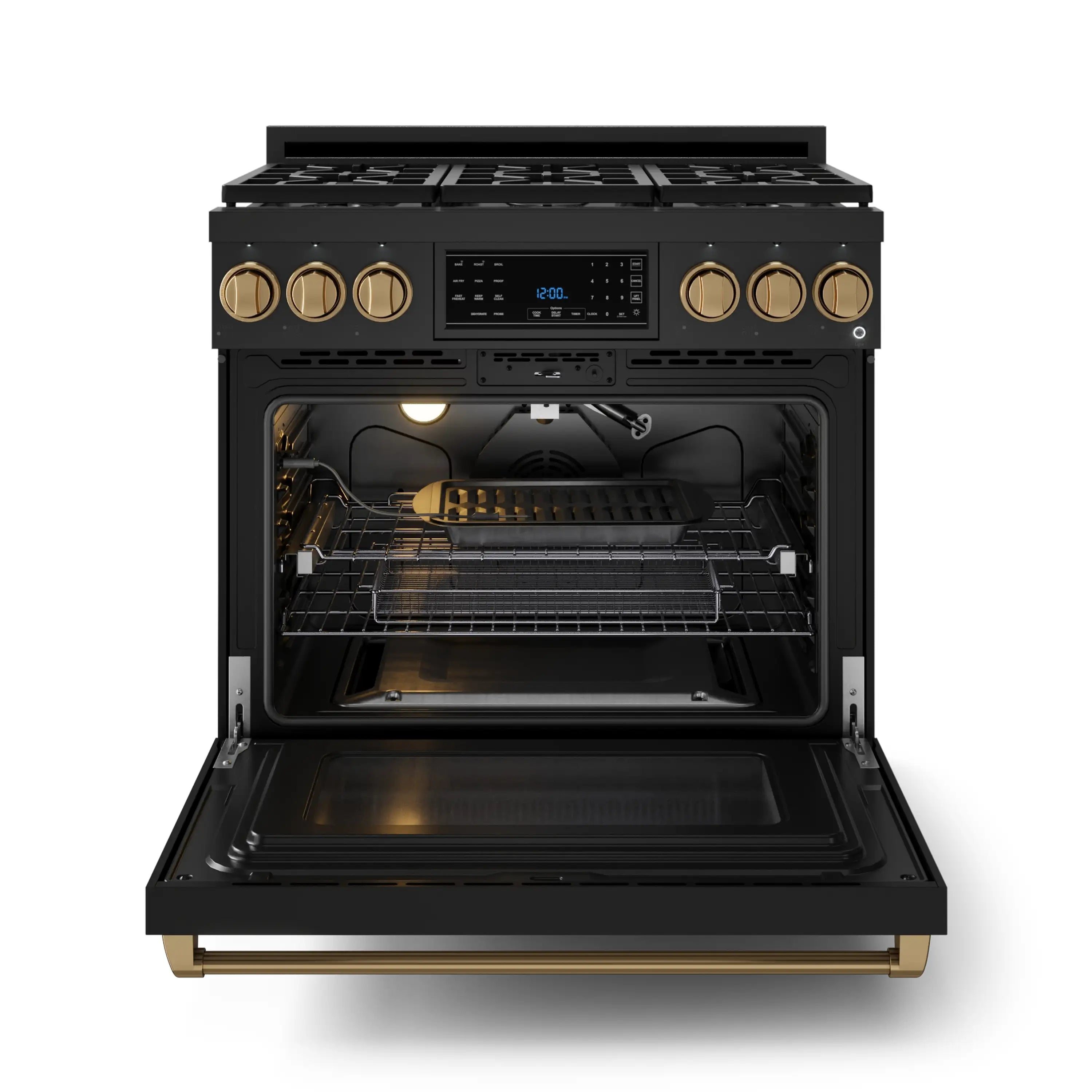 Black gas range with open oven door, visible racks, and bronze control knobs