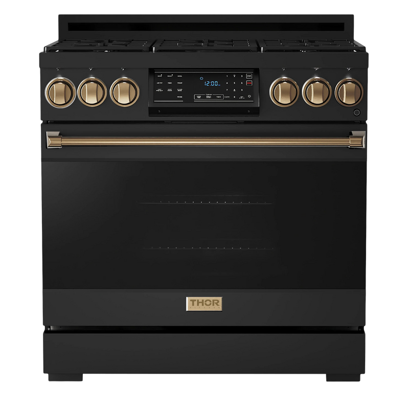 Thor Kitchen Gordon Ramsay 3-Piece Appliance Package - 36-Inch Gas Range with Tilt Panel, 36-Inch Refrigerator, and Dishwasher in Black with Bronze Trim