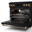Open black oven of a gas range with bronze trim, interior racks, and lighted bake area