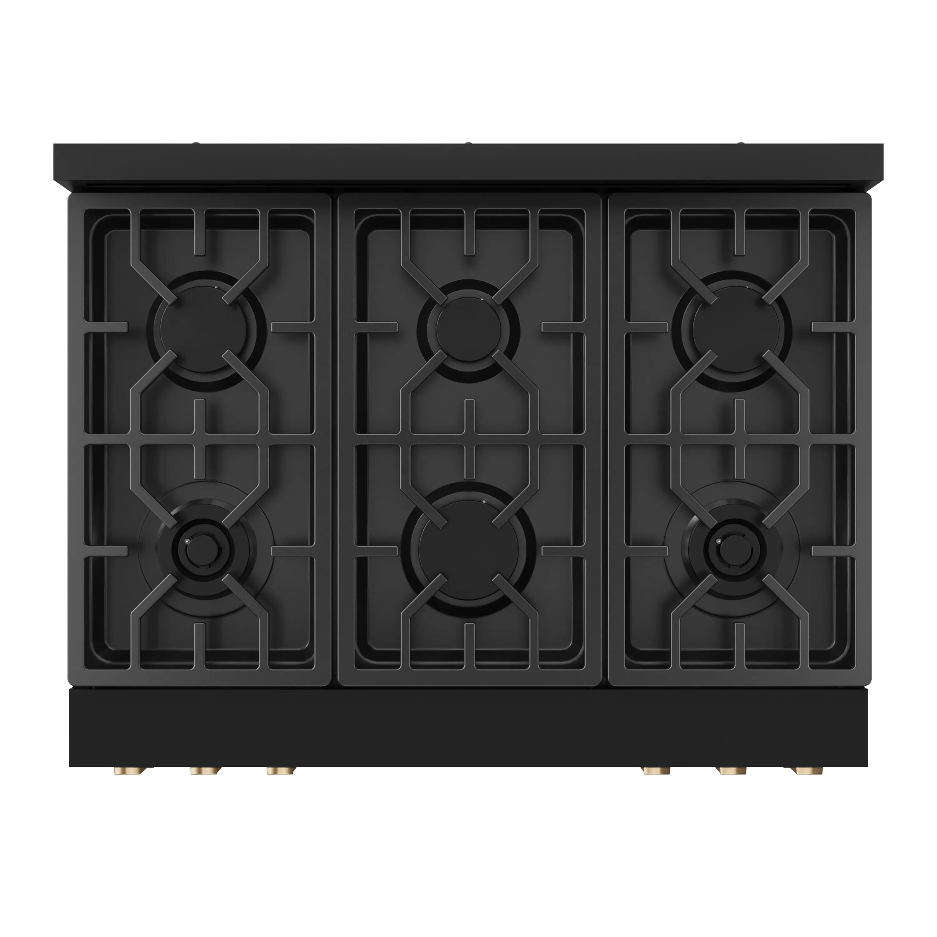 Black cooktop with six burner grates and bronze burner knobs
