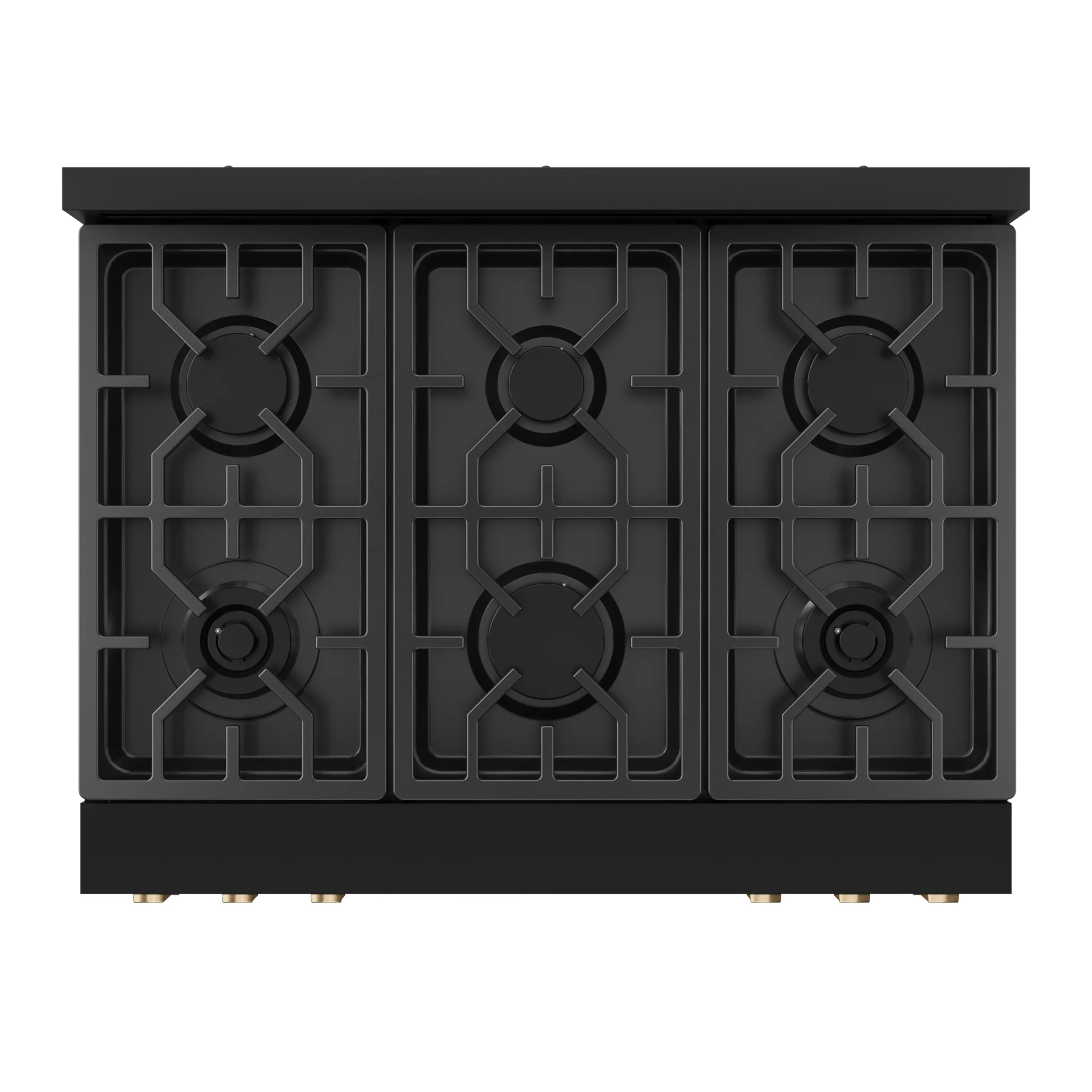Black gas cooktop with three burner grates and bronze-trimmed base feet