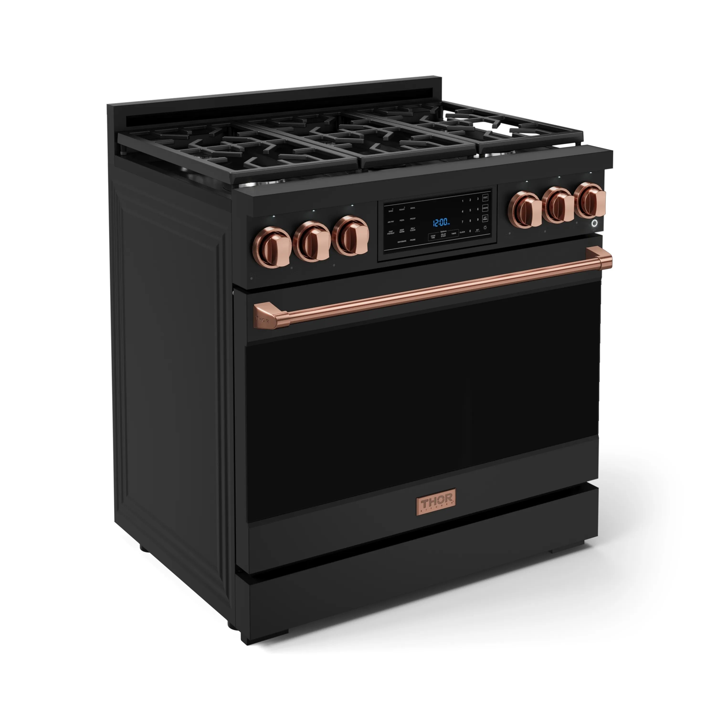 Black gas range with rose gold knobs and burner grates, oven door closed, front-right view.