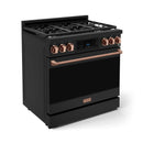 Black gas range with rose gold knobs and burner grates, oven door closed, front-right view.