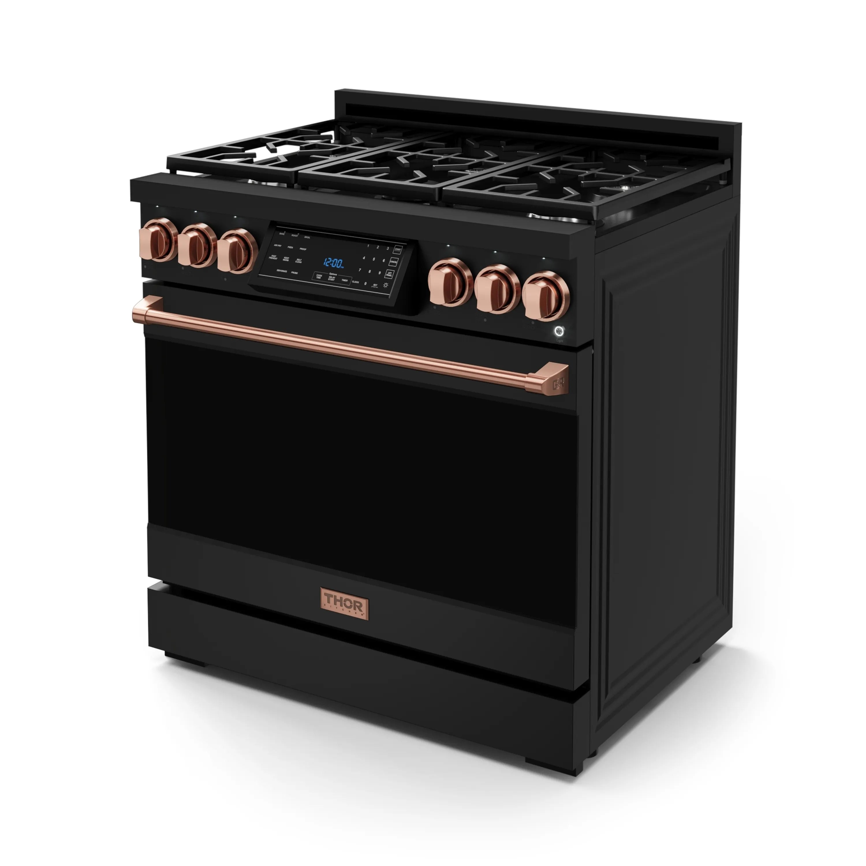 Black gas range with rose gold control knobs and burner grates, oven door closed view.