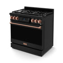 Black gas range with rose gold control knobs and burner grates, oven door closed view.