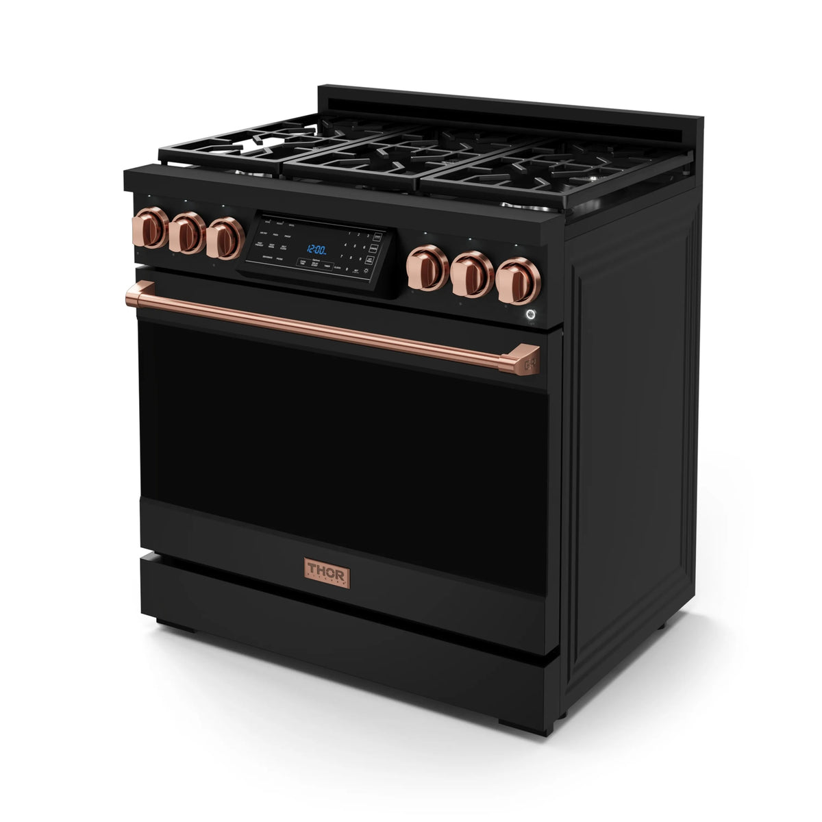 Black Thor gas range with rose gold control knobs and copper-toned oven handle