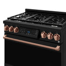 Front-left view of black 36-inch gas range with rose gold knobs, burner grates, closed oven.