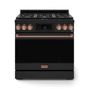 Gordon Ramsay by Thor Kitchen 3-Piece Appliance Package - 36-Inch Propane Gas Range, Tilt Panel, 36-Inch Refrigerator, and Dishwasher in Black with Rose Gold Trim