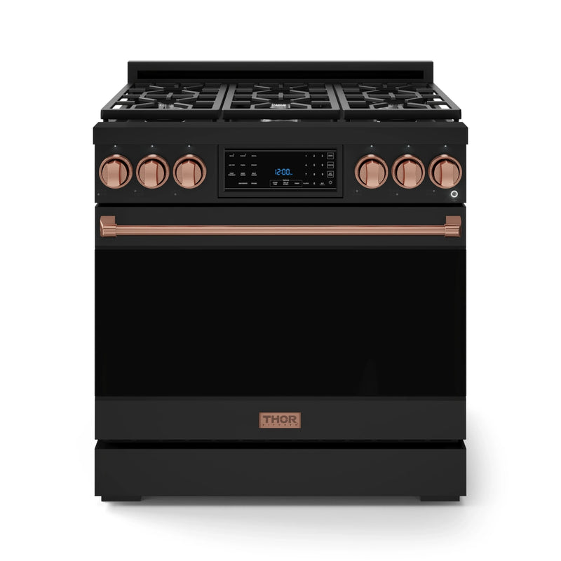 Thor Kitchen Gordon Ramsay 3-Piece Appliance Package - 36-Inch Gas Range with Tilt Panel, 36-Inch Refrigerator, and Dishwasher in Black with Rose Gold Trim