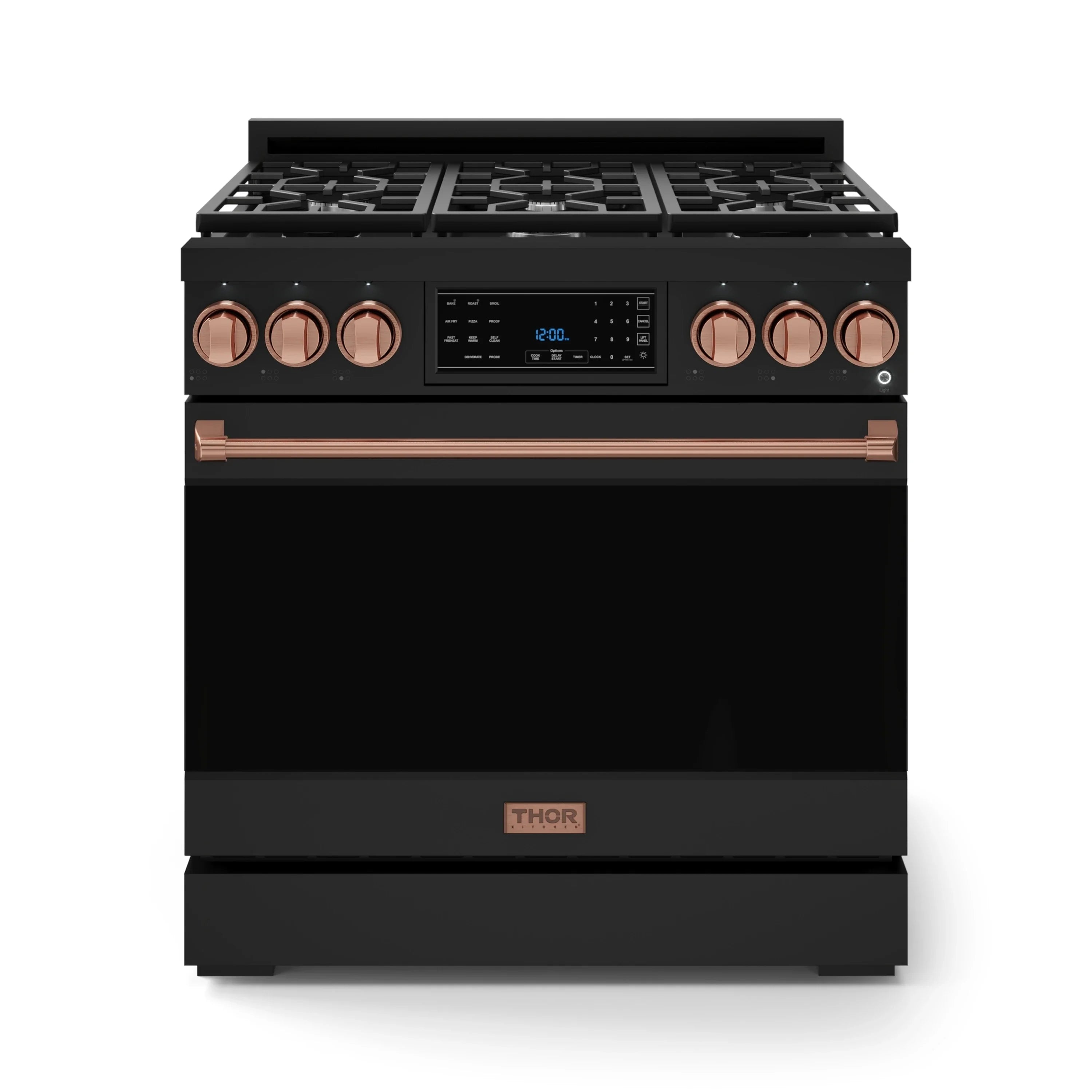 Black Thor gas range with rose gold control knobs and stainless burner grates