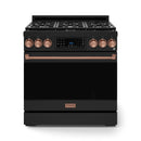 Front view of black gas range with rose gold knobs and oven door, burner grates on top.