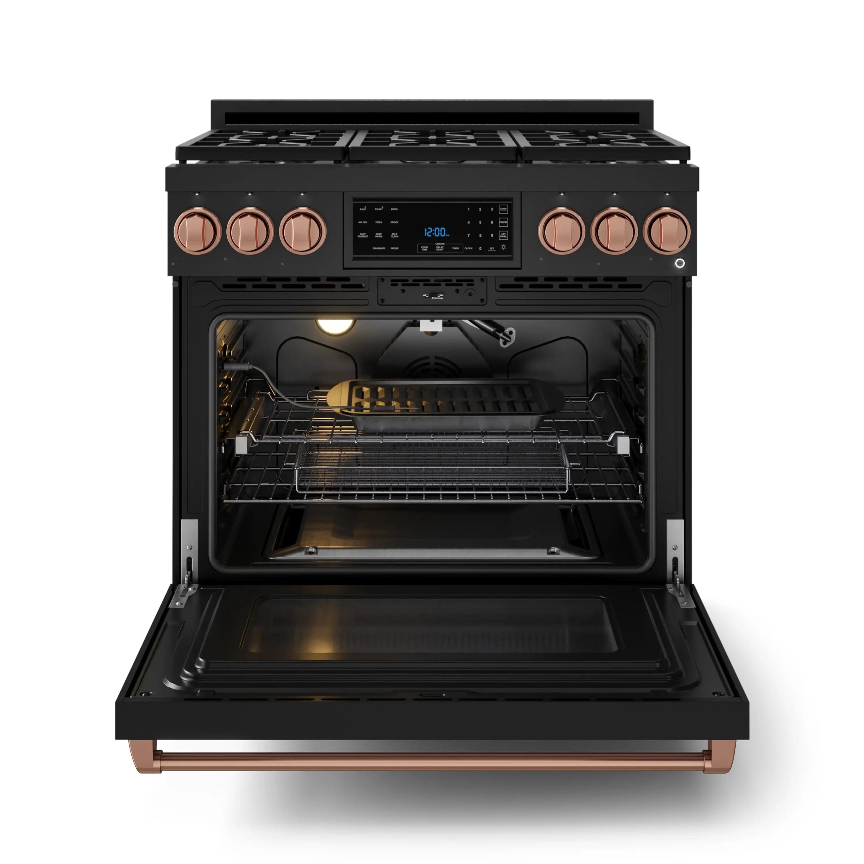 Black gas range with rose gold trim and open oven door revealing interior racks and light.