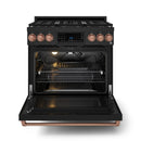 Black gas range with rose gold trim and open oven door revealing interior racks and light.