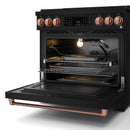 Black gas range with open oven door; rose gold trim and lit oven interior visible.