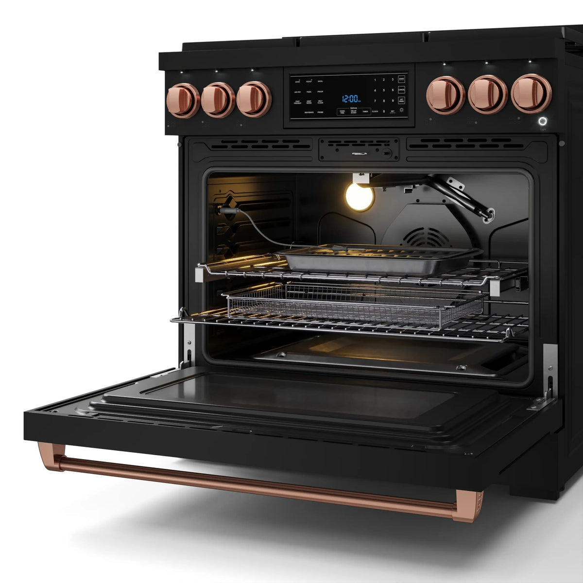 Black Thor gas range with oven door open, lit interior and rose gold control knobs