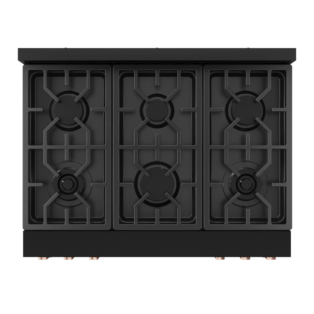 Black gas cooktop with three burner grates and recessed control area.
