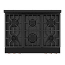 Black gas range cooktop with six burner grates and control knobs