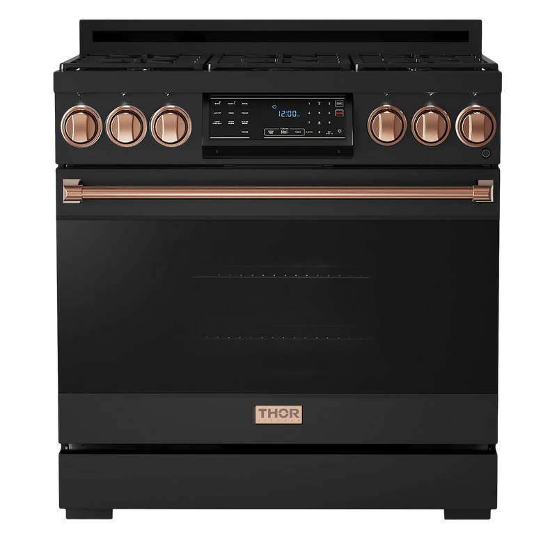 Thor Kitchen Gordon Ramsay 3-Piece Appliance Package - 36-Inch Electric Range with Tilt Panel Touch Control, Refrigerator, and Dishwasher in Black with Rose Gold Trim