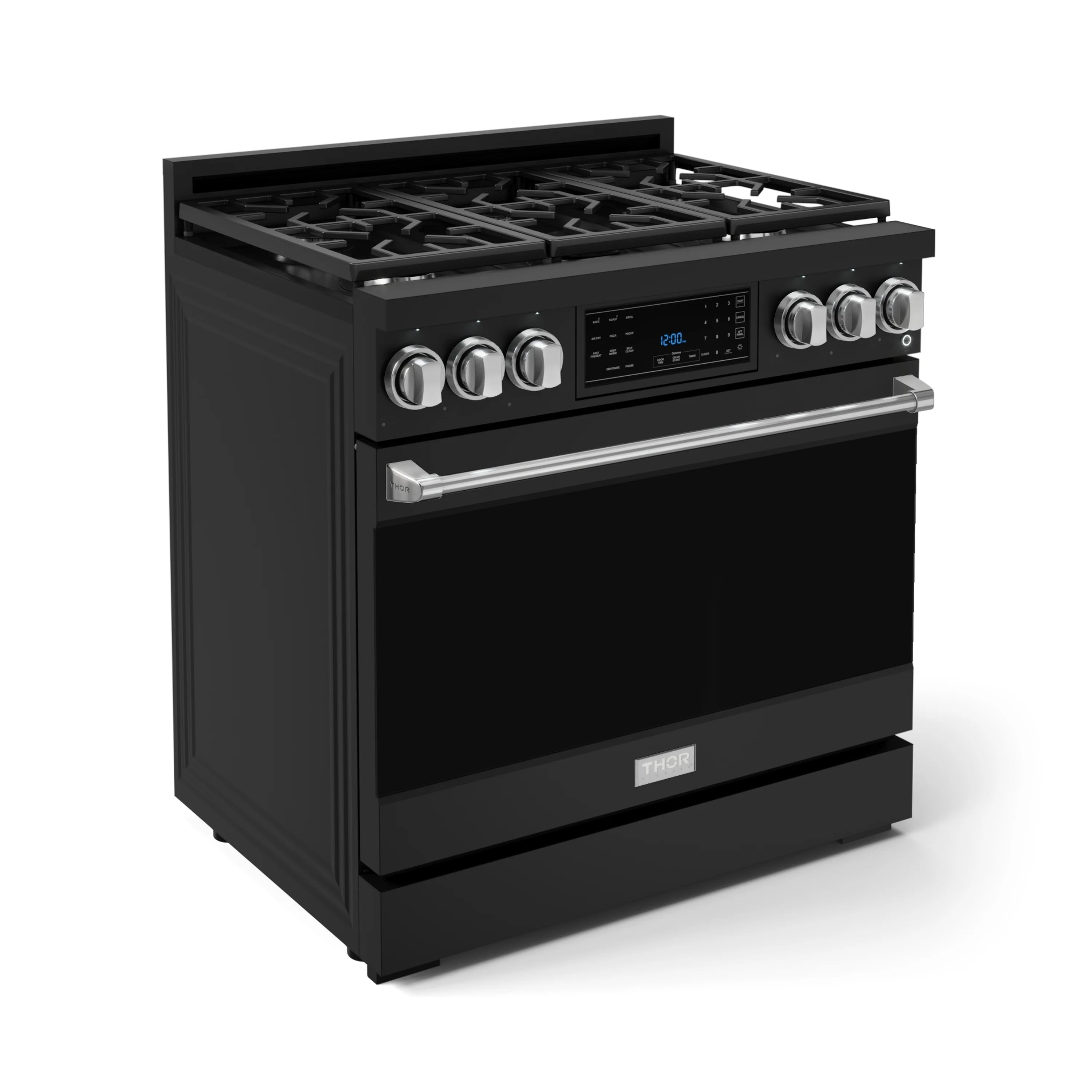 Black professional gas range with stainless trim, six burners, and touch control panel