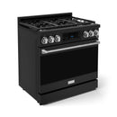 Black professional gas range with stainless trim, six burners, and touch control panel