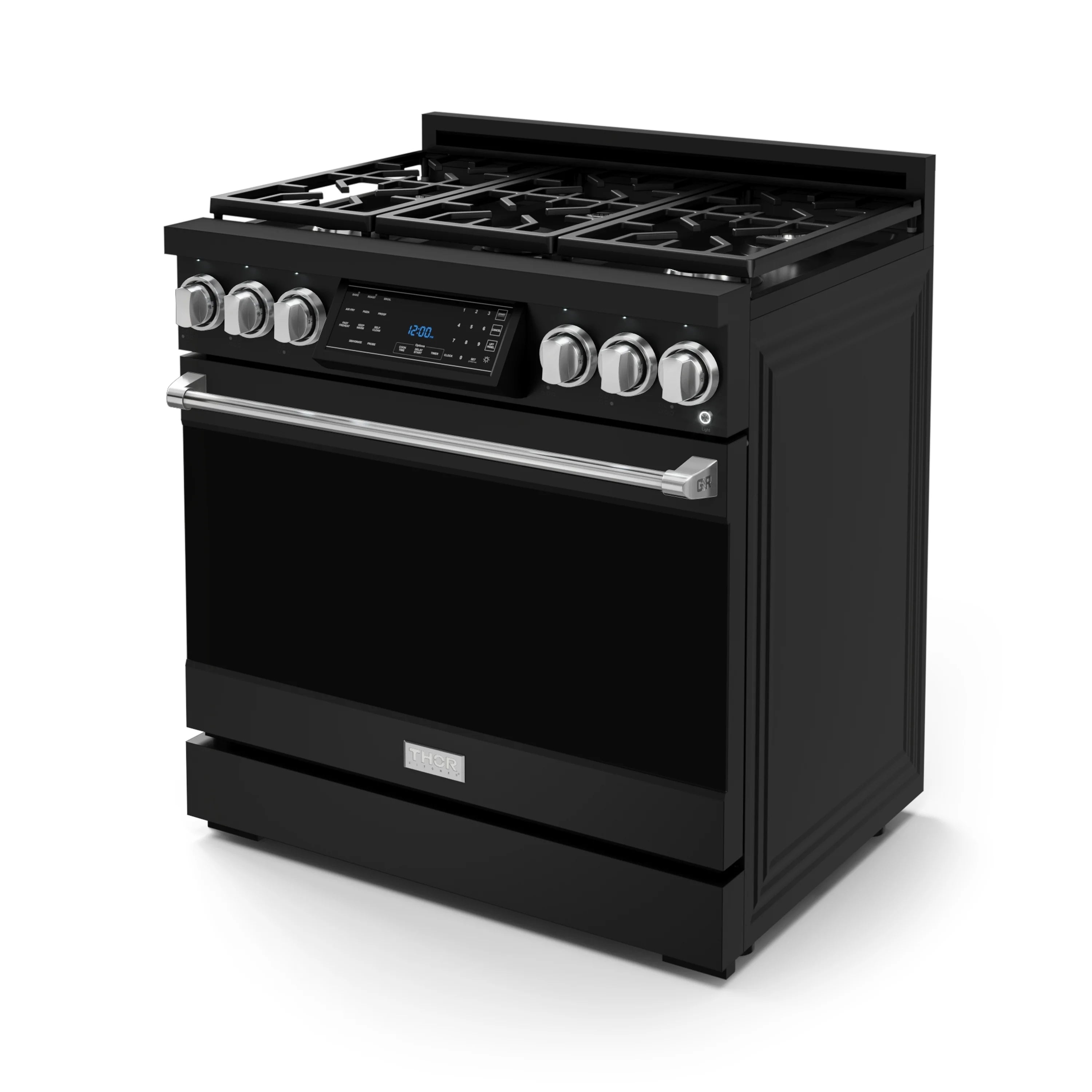 Black 36-inch professional gas range with stainless trim, front knobs, and open cooktop grates