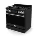 Black 36-inch professional gas range with stainless trim, front knobs, and open cooktop grates