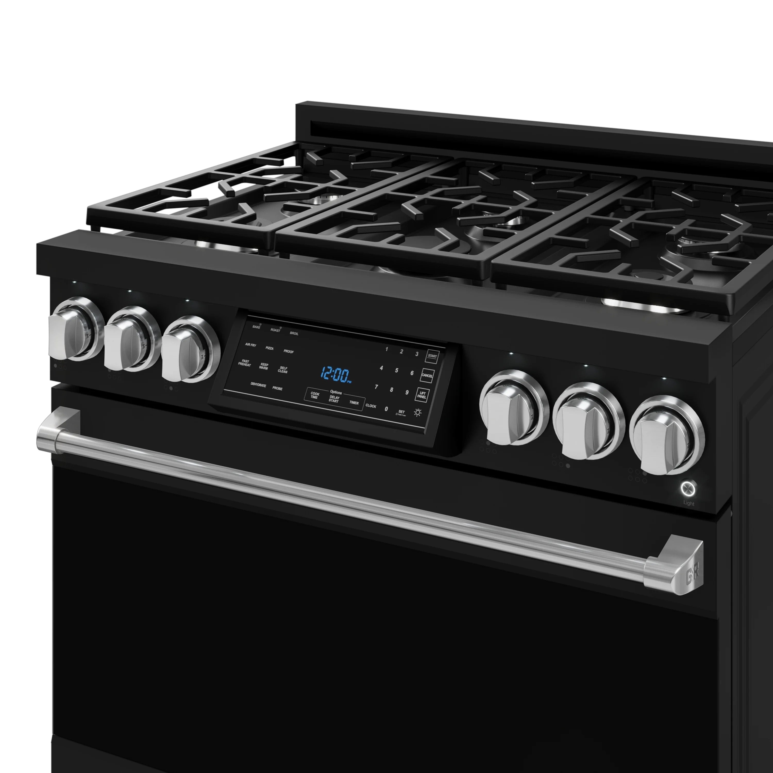 Black gas range front with stainless control panel, burner grates, and four control knobs