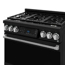 Black gas range front with stainless control panel, burner grates, and four control knobs