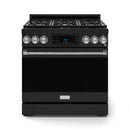 Black 36-inch professional gas range with stainless trim, knobs, and closed oven door