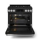 Black gas range with stainless trim and open oven door showing interior racks