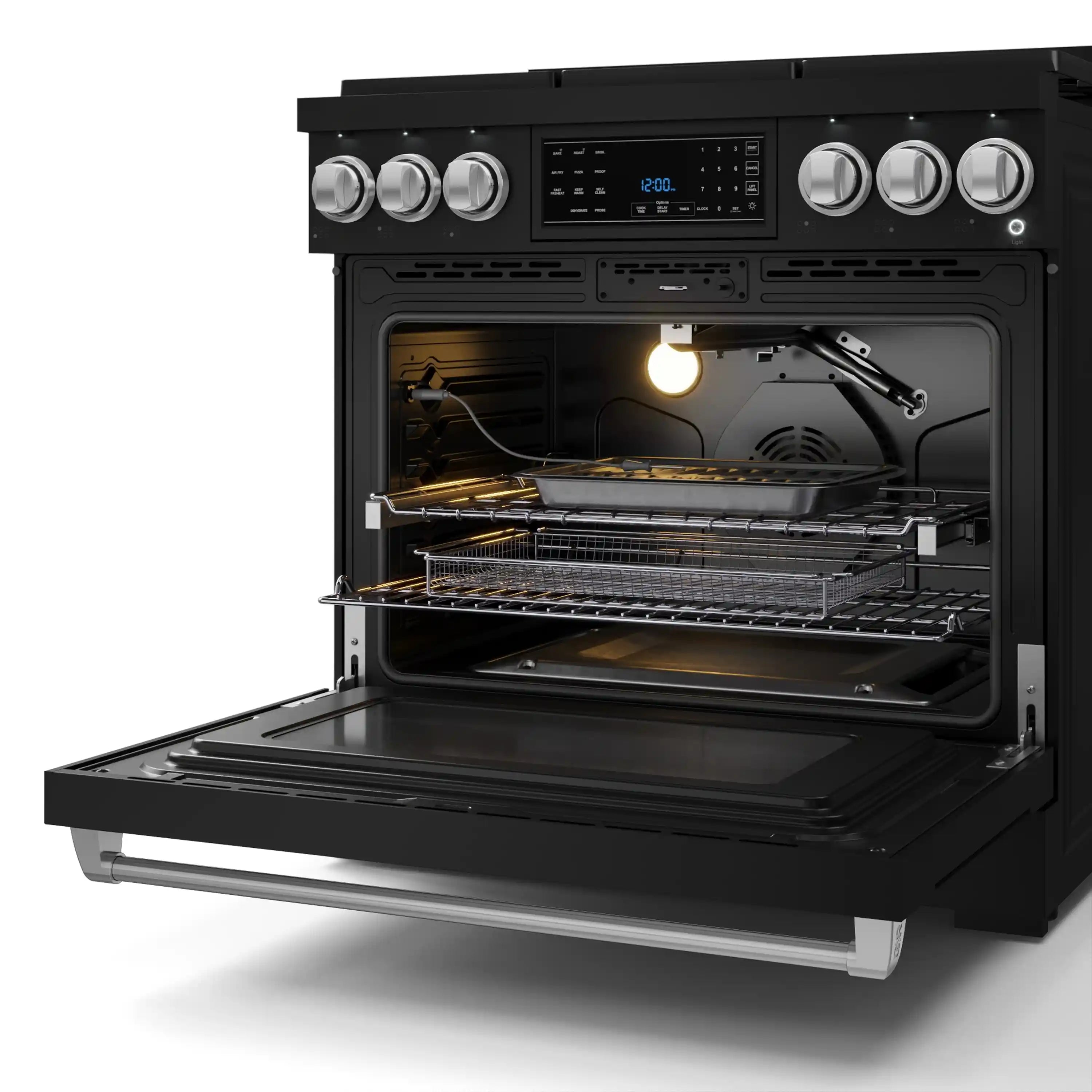 Black gas range oven with illuminated interior, racks, and pull-out lower broiler tray