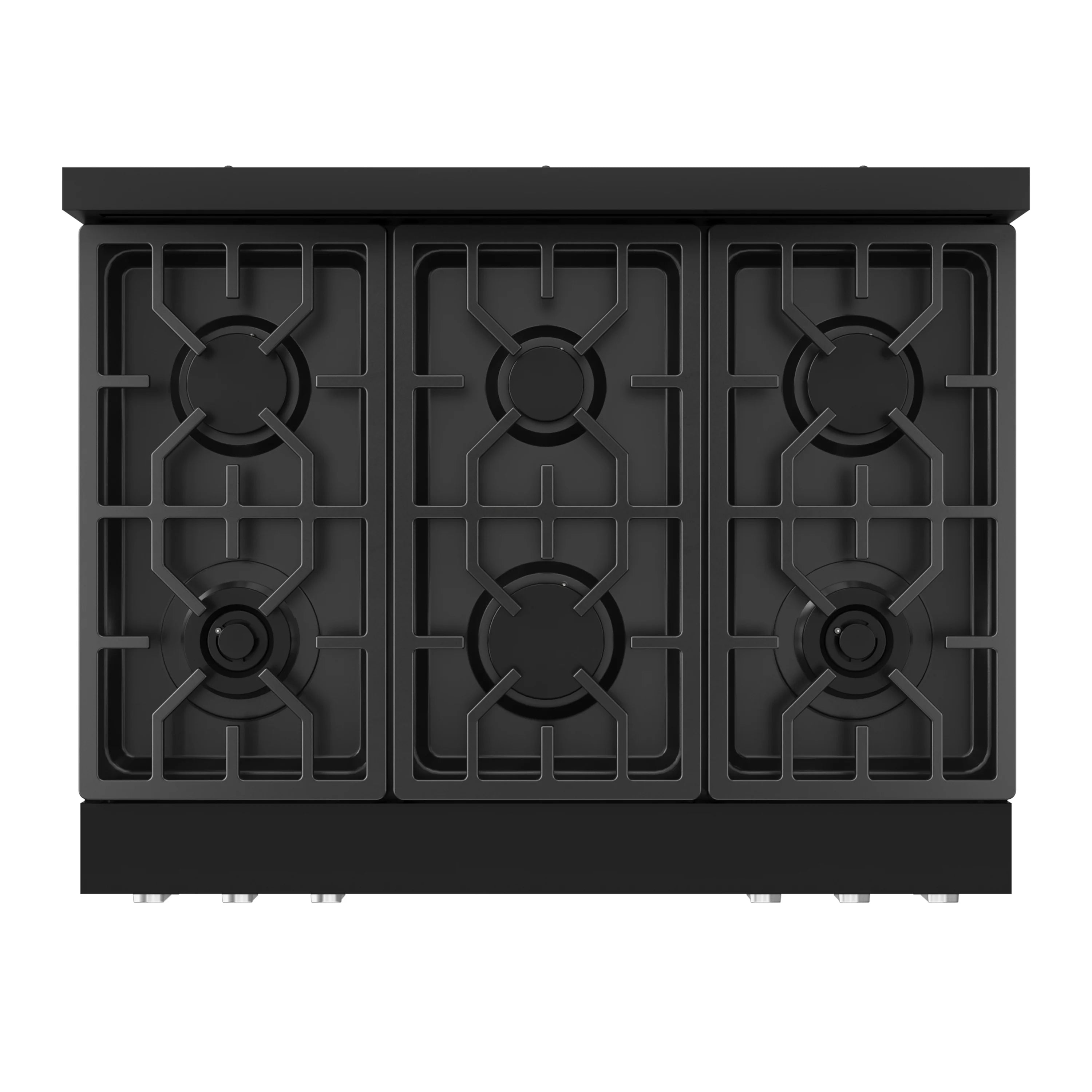 Black gas cooktop with six round burners and grates, front view