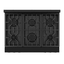 Black gas cooktop with six round burners and grates, front view