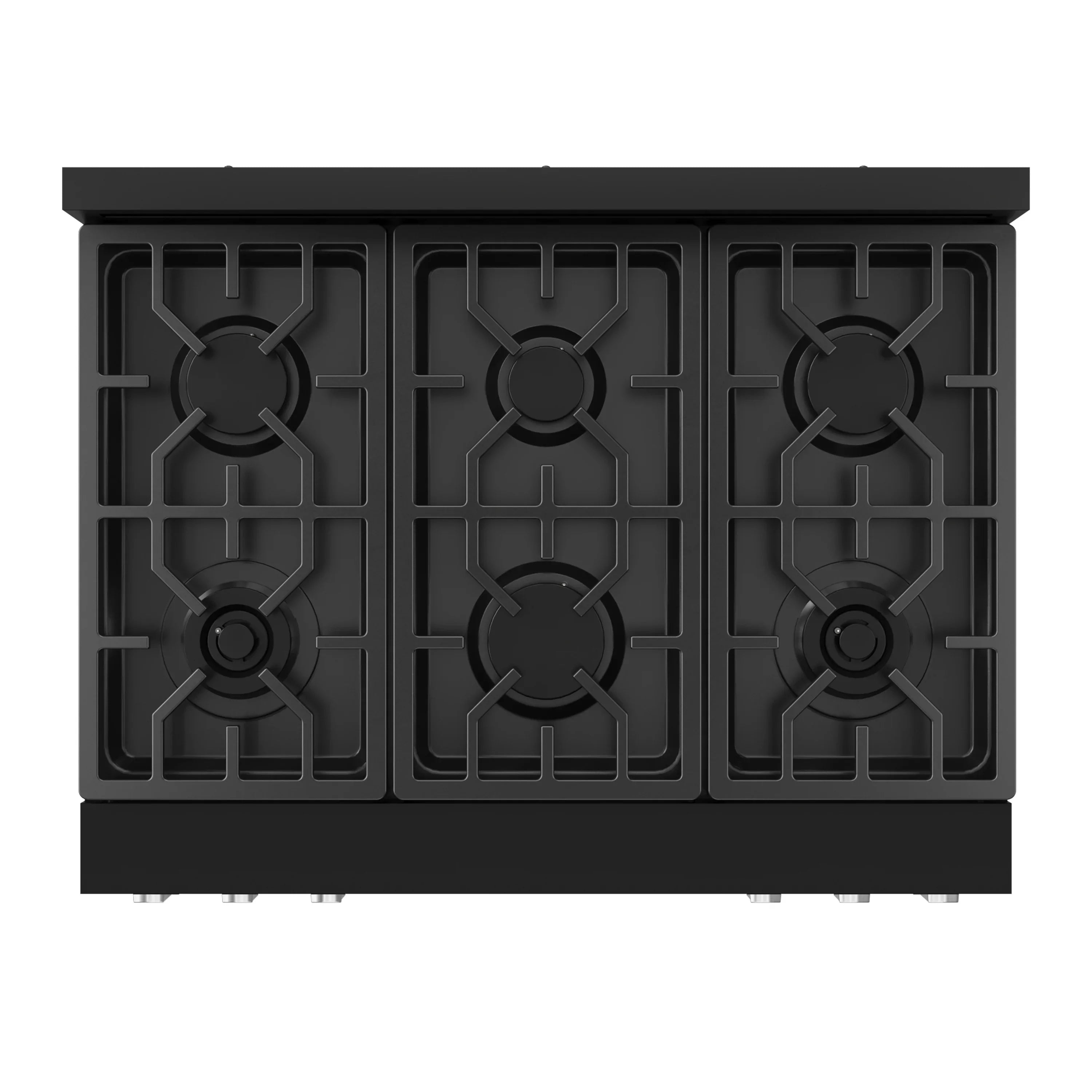 Black gas cooktop with six burner grates and center control panel