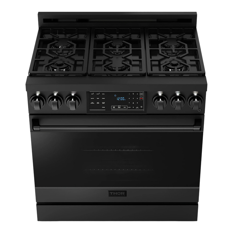 Thor Kitchen Gordon Ramsay 3-Piece Appliance Package - 36-Inch Gas Range with Tilt Panel, 36-Inch Refrigerator, and Dishwasher in Black